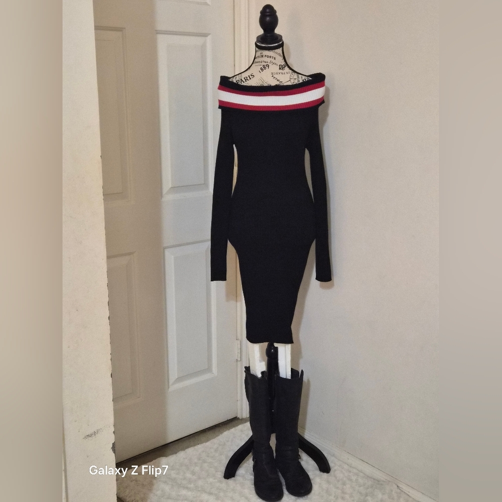 Black Off-Shoulder Dress with Red and White Trim